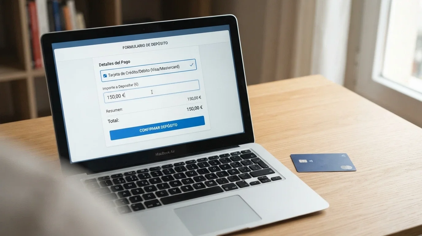 Captura del cajero virtual de un casino online mostrando el formulario de depósito con tarjeta Visa seleccionado, el importe en euros y el botón de confirmación