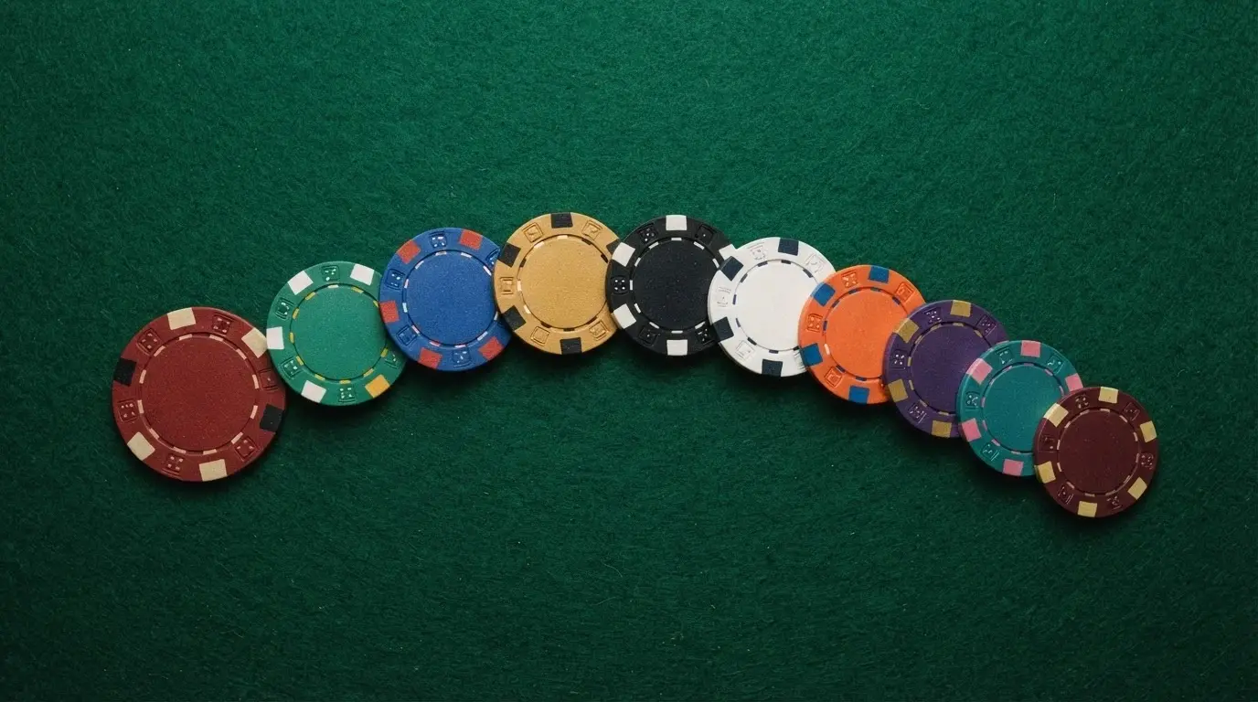 Vista cenital de una mesa con diez tarjetas de casino virtuales alineadas, cada una con el logotipo de un operador DGOJ distinto, ordenadas por puntuación